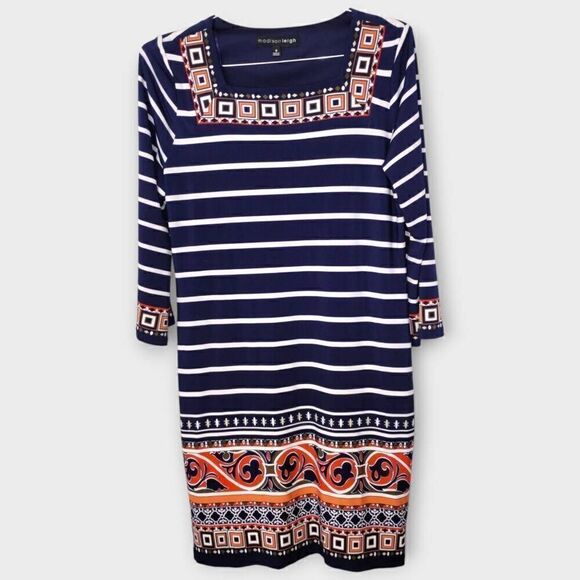 madison leigh Dresses & Skirts - Madison Leigh Womens Dress Sz 8 Long Sleeves Navy Striped Jersey Square Neck